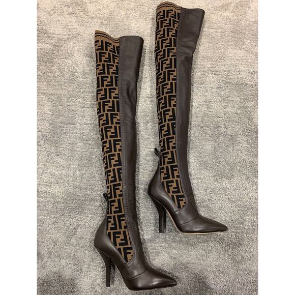 Fendi Rockoko Brown FF Logo Stretch Knit Sock Thigh High OTK Heel Pump Boot 35 - Picture 4 of 12